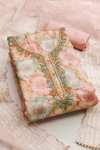 Pink color sequence heavy organza straight churidar dress material