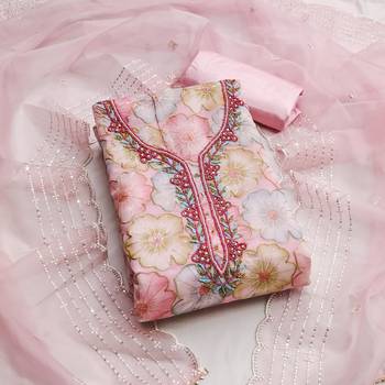Baby pink color sequence heavy organza straight churidar dress material 1