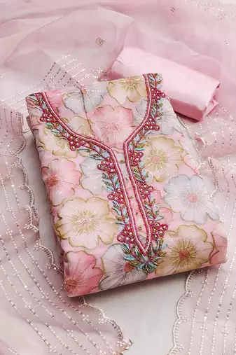 Baby pink color sequence heavy organza straight churidar dress material