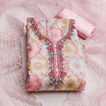 Baby pink color sequence heavy organza straight churidar dress material 3