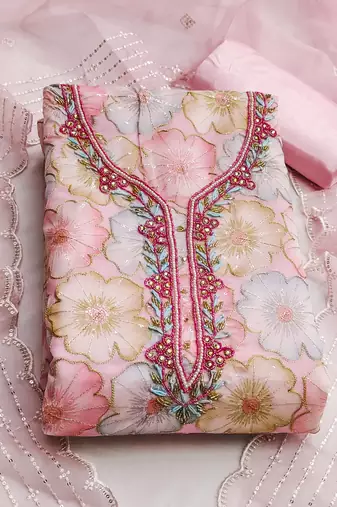 Baby pink color sequence heavy organza straight churidar dress material