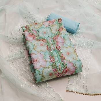 Sky blue color sequence heavy organza straight churidar dress material 1