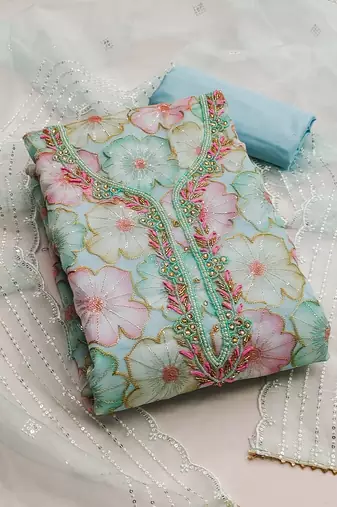 Sky blue color sequence heavy organza straight churidar dress material