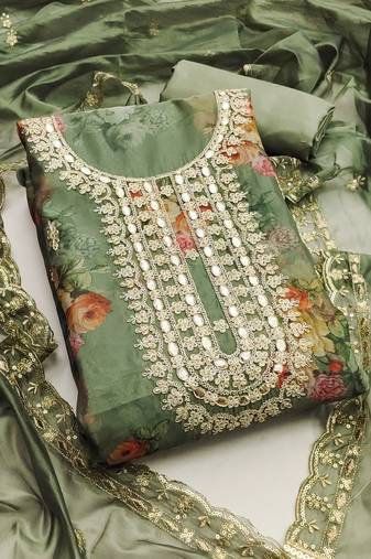 Mehandi green color hand work heavy organza straight churidar dress material