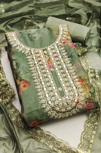 Mehandi green color hand work heavy organza straight churidar dress material