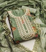 Mehandi green color hand work heavy organza straight churidar dress material