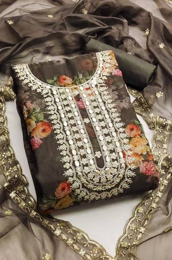 Grey color hand work heavy organza straight churidar dress material