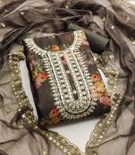 Grey color hand work heavy organza straight churidar dress material