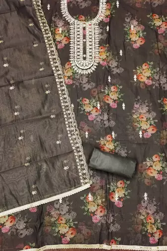 Grey color hand work heavy organza straight churidar dress material