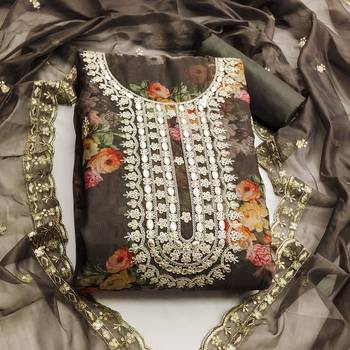 Grey color hand work heavy organza straight churidar dress material 3