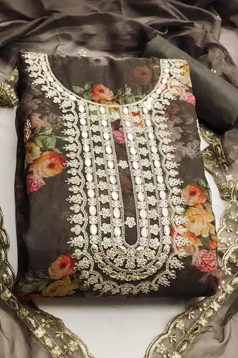 Grey color hand work heavy organza straight churidar dress material