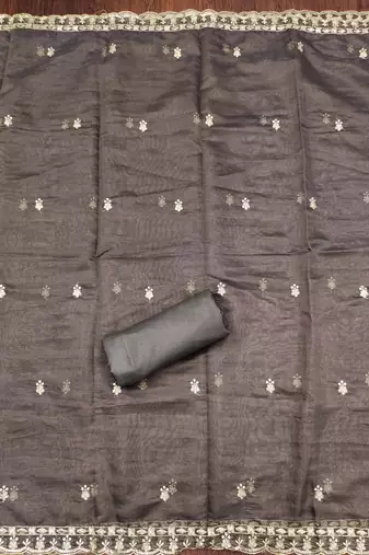Grey color hand work heavy organza straight churidar dress material