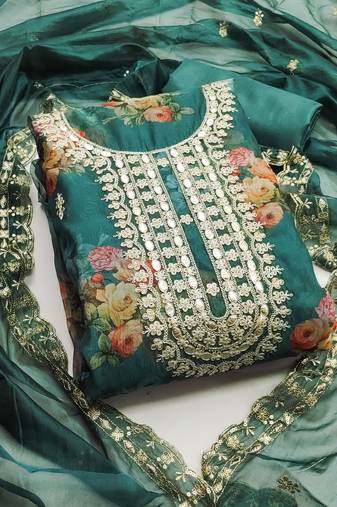 Sea green color hand work heavy organza straight churidar dress material