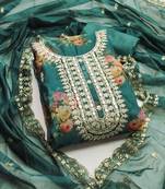 Sea green color hand work heavy organza straight churidar dress material