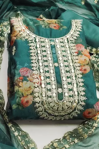 Sea green color hand work heavy organza straight churidar dress material