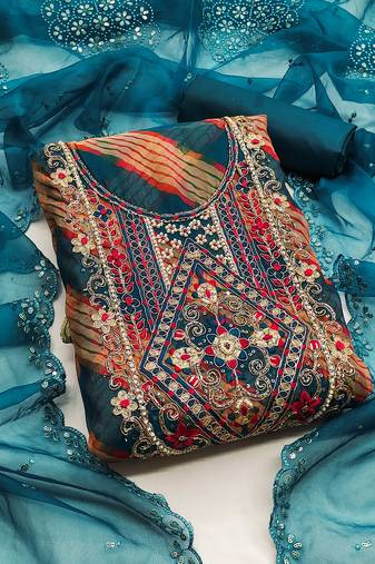 Teal color hand work heavy organza straight churidar dress material