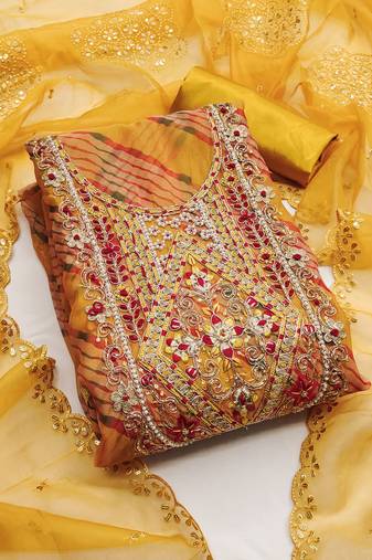 Mustard color hand work heavy organza straight churidar dress material
