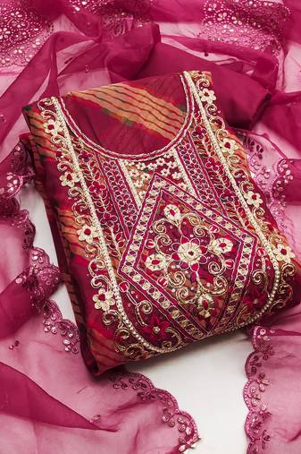 Pink color hand work heavy organza straight churidar dress material