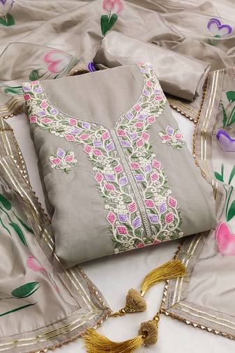 Grey color embroidered heavy organza straight churidar dress material