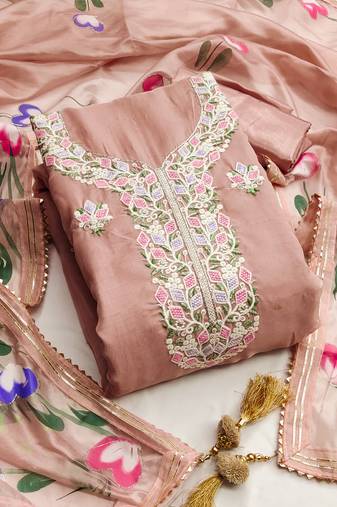 Pink color embroidered heavy organza straight churidar dress material