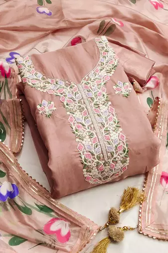 Pink color embroidered heavy organza straight churidar dress material