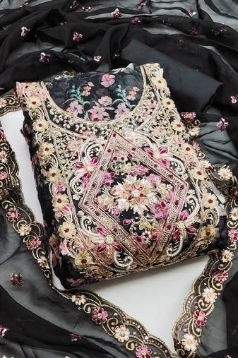 Black color hand work heavy organza straight churidar dress material