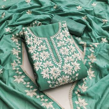 Sea green color thread work roman silk straight churidar dress material 1