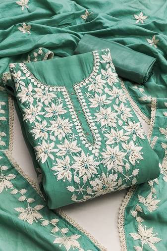 Sea green color thread work roman silk straight churidar dress material