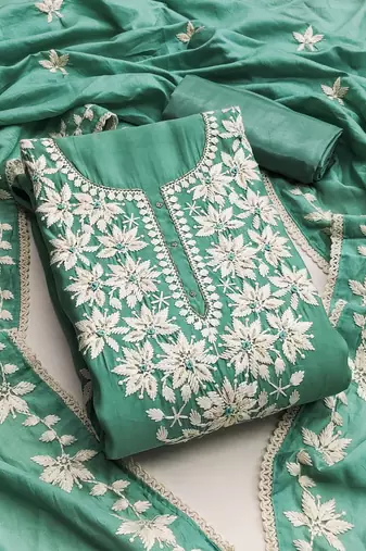 Sea green color thread work roman silk straight churidar dress material