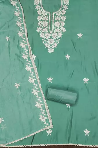 Sea green color thread work roman silk straight churidar dress material