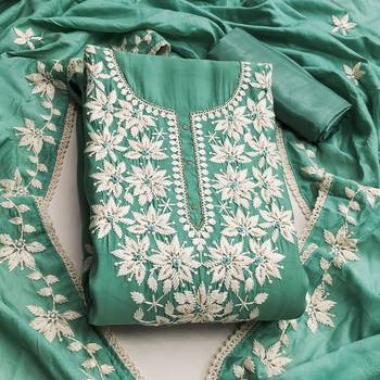 Sea green color thread work roman silk straight churidar dress material 3