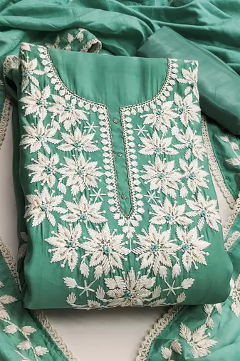 Sea green color thread work roman silk straight churidar dress material