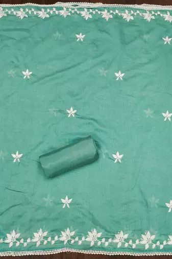 Sea green color thread work roman silk straight churidar dress material
