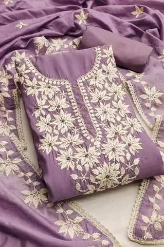 Lavender color thread work roman silk straight churidar dress material