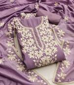 Lavender color thread work roman silk straight churidar dress material