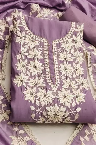 Lavender color thread work roman silk straight churidar dress material