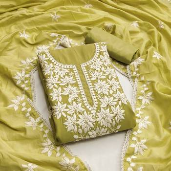 Lime color thread work roman silk straight churidar dress material 1