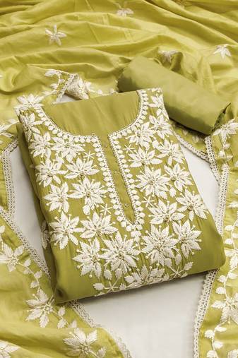 Lime color thread work roman silk straight churidar dress material