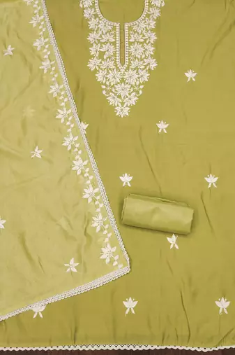 Lime color thread work roman silk straight churidar dress material