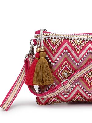 boho bright pink cotton chevron beaded sling bag 8