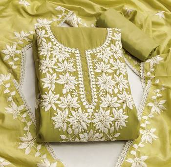 Lime color thread work roman silk straight churidar dress material 3