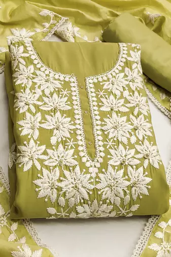 Lime color thread work roman silk straight churidar dress material