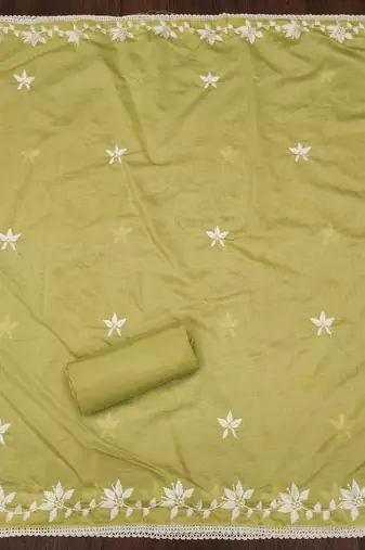 Lime color thread work roman silk straight churidar dress material