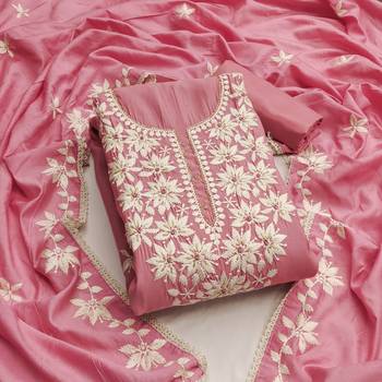 Pink color thread work roman silk straight churidar dress material 1