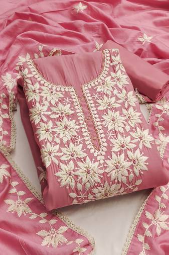 Pink color thread work roman silk straight churidar dress material
