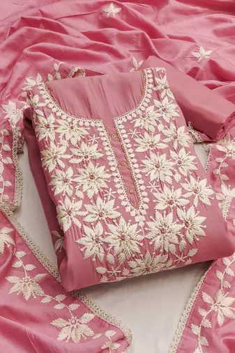 Pink color thread work roman silk straight churidar dress material