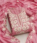 Pink color thread work roman silk straight churidar dress material