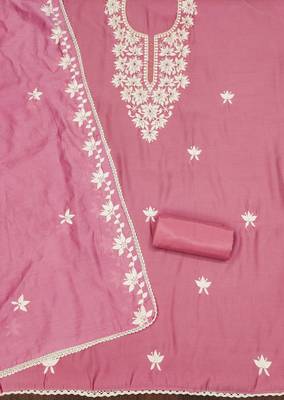 Pink color thread work roman silk straight churidar dress material 2