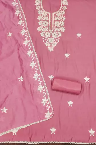 Pink color thread work roman silk straight churidar dress material