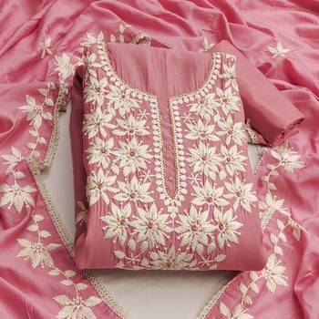 Pink color thread work roman silk straight churidar dress material 3